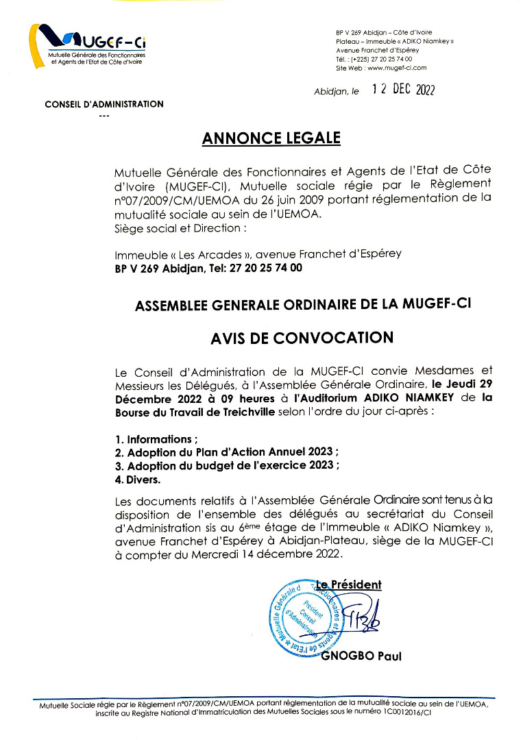 Annonce légale - Convocation AG Ordinaire 29/12/2022